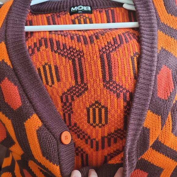 Men's Orange & Dark Brown Geometric Button-Up Sweater - Picture 13 of 13